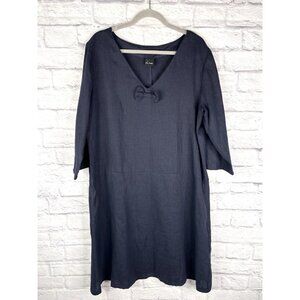 LE MUSE Women's Navy Blue Bow Front 3/4 Sleeve Linen Dress XL